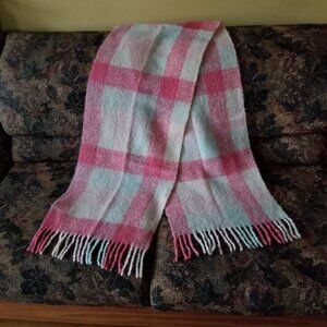 New Divided, long check/plaid scarf, mohair/wool/acrylic, pink, blue, white, NWT